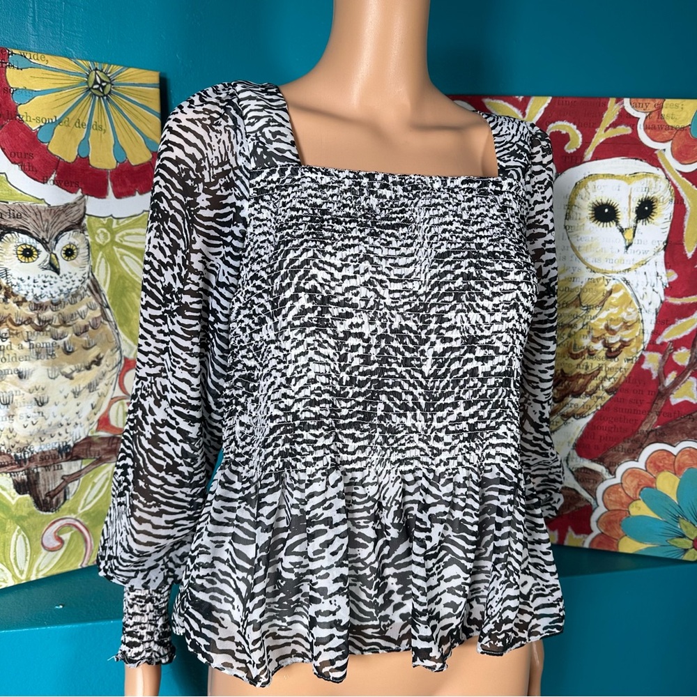Nine West‎ Peplum Blouse Square Smocked Neck Lined White Black Women Size M - Picture 6 of 8